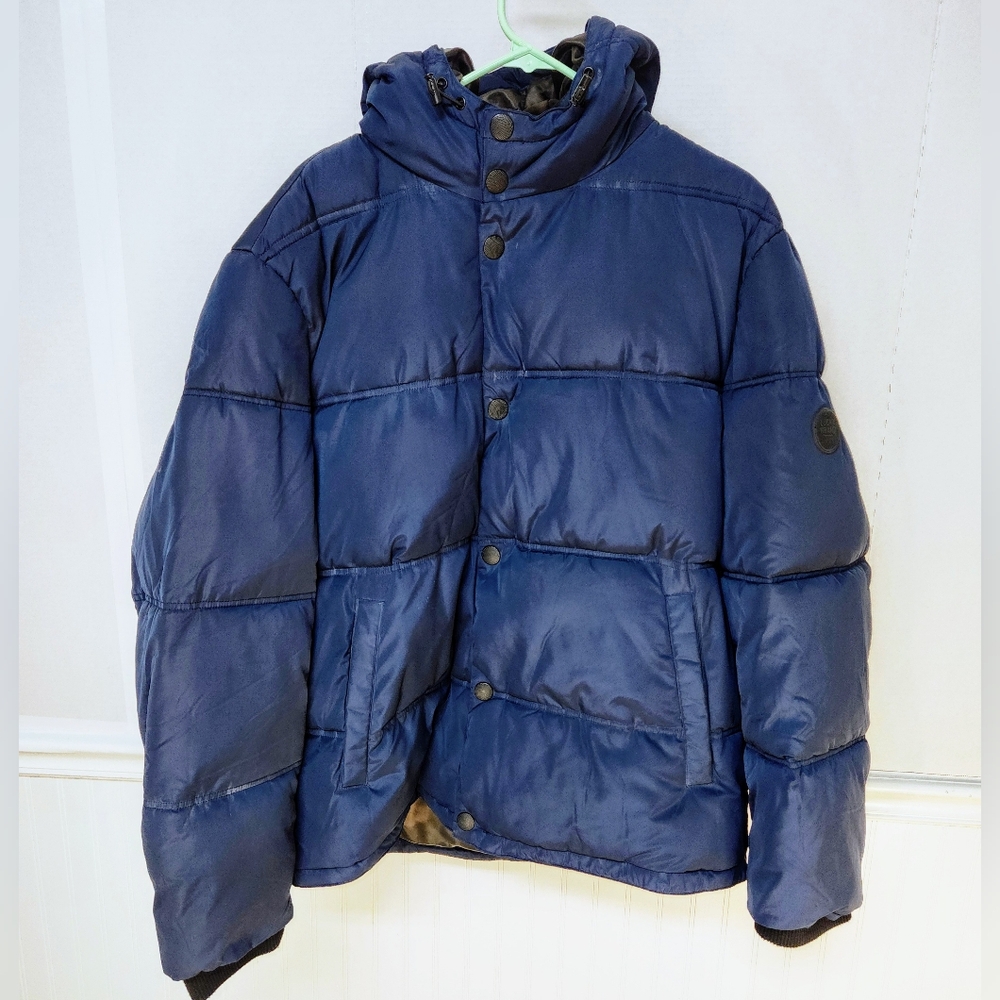 Lucky Brand Puffer Jacket Size Large Navy Blue Full Zip Hooded Winter Coat 0171